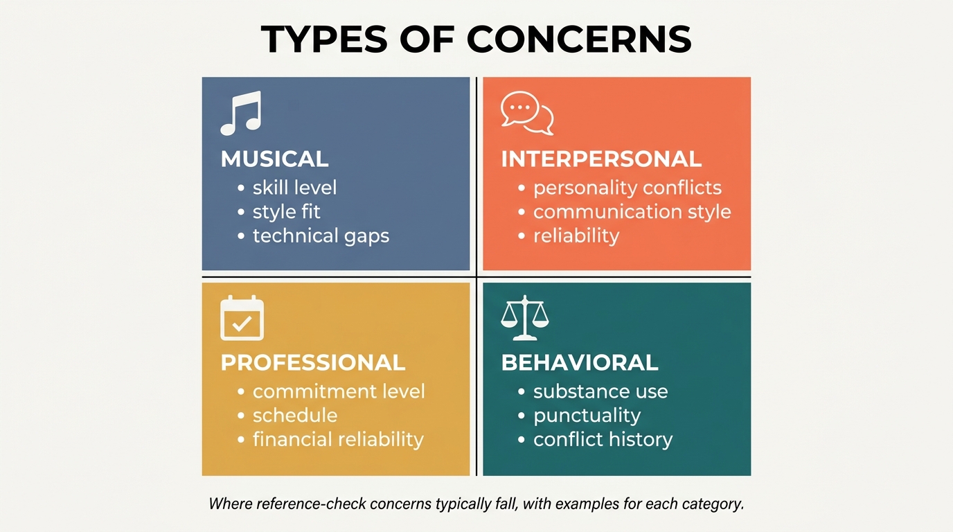 Four categories of concerns about a potential bandmate: musical, interpersonal, professional, and behavioral — each with examples of what falls under that category