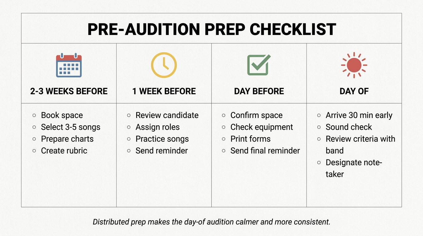 Pre-audition prep checklist spanning four time windows: 2-3 weeks before (book space, select songs, create rubric), 1 week before (review candidate, assign roles, practice), day before (confirm space, check equipment), day of (arrive early, sound check, review criteria with band)