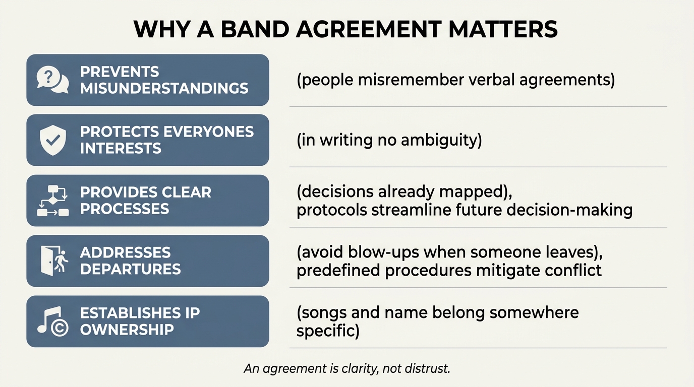 Five reasons a band agreement matters: prevents misunderstandings, protects interests, provides decision processes, addresses departures, establishes IP ownership — clarity not distrust