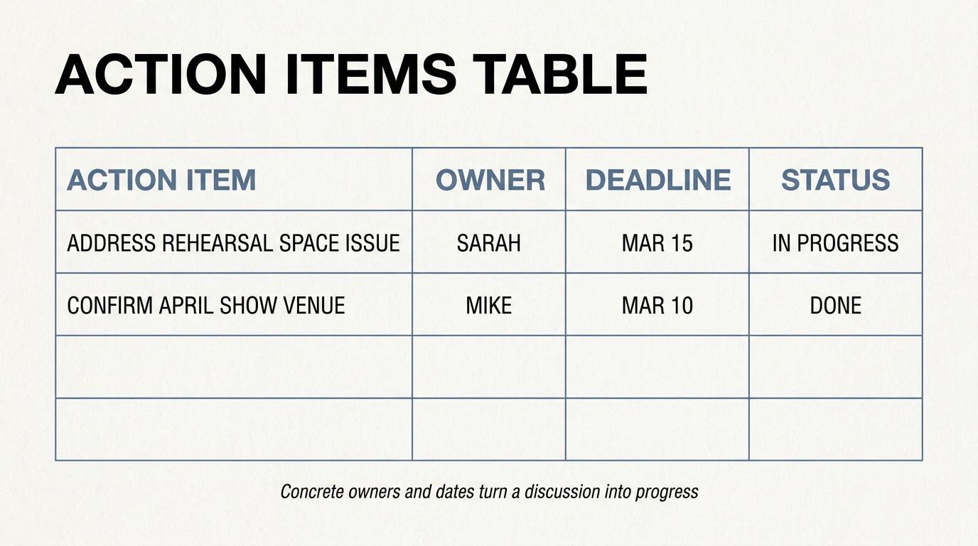 Example action items table with four columns: action item, owner, deadline, status — showing concrete owners and dates that turn a discussion into progress