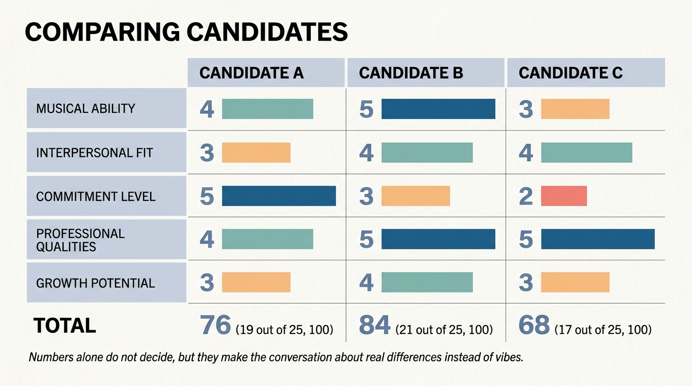 Five-by-three comparison matrix scoring three candidates across all five dimensions with numeric totals — turns comparison from vibes into a concrete conversation