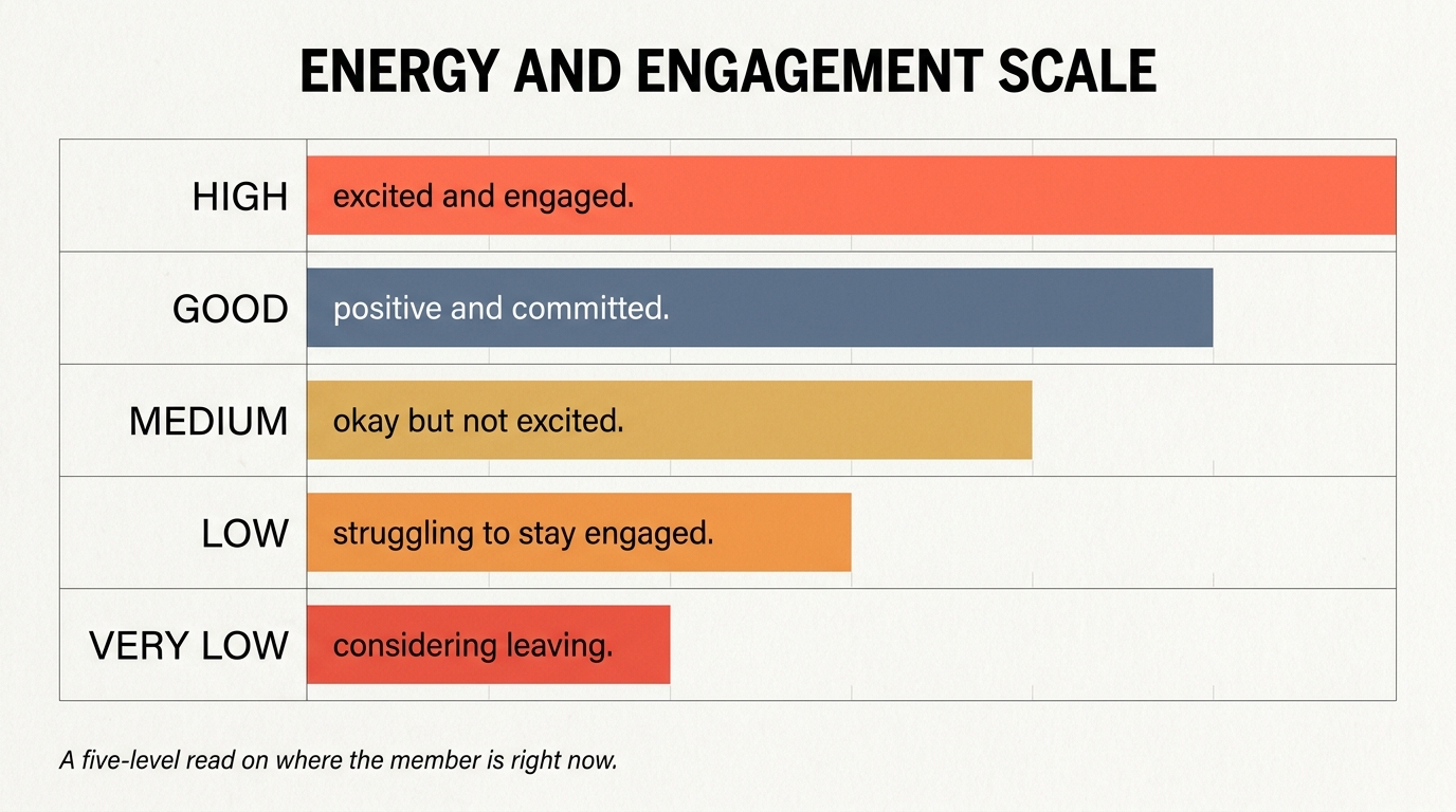 Five-level energy and engagement scale: high excited and engaged, good positive and committed, medium okay but not excited, low struggling to stay engaged, very low considering leaving