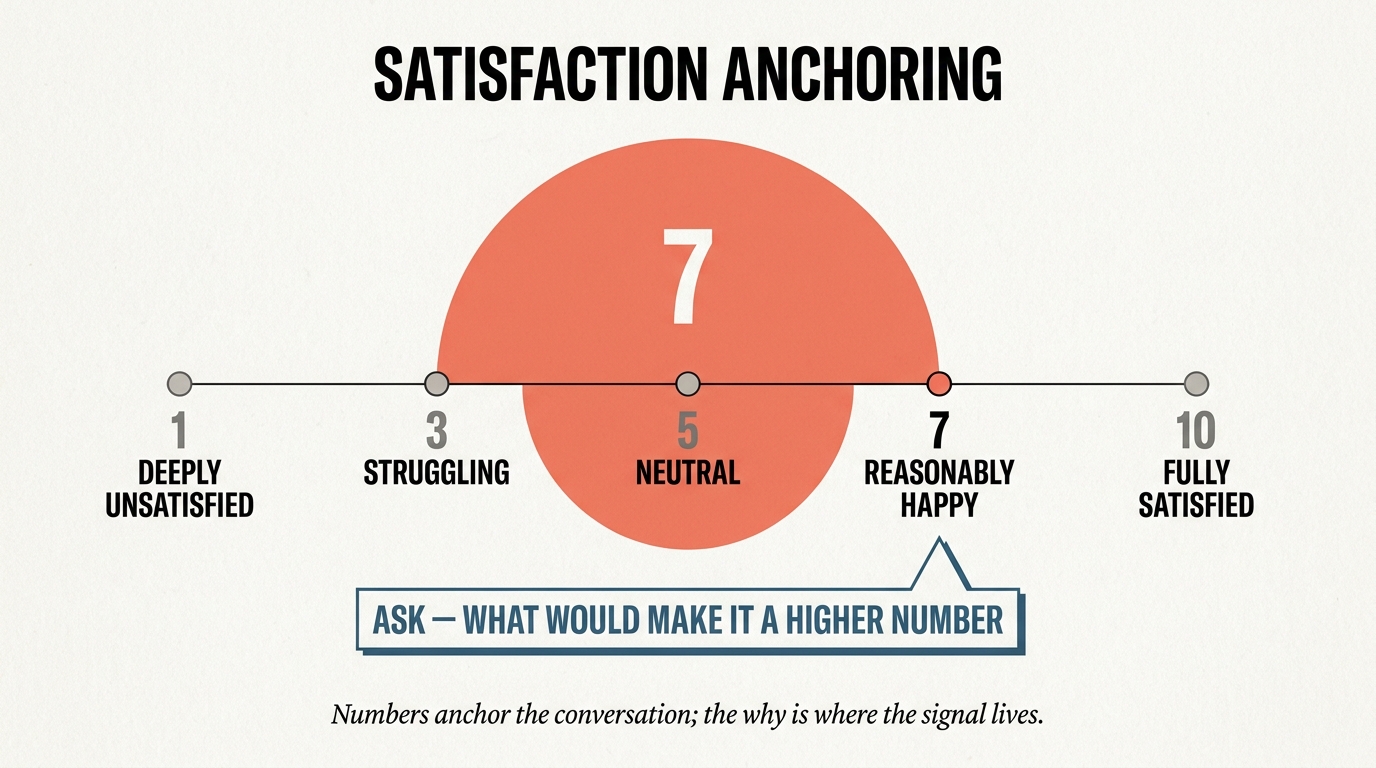 Satisfaction anchoring graphic showing a one-to-ten number line with anchors at one deeply unsatisfied, three struggling, five neutral, seven reasonably happy, ten fully satisfied — and the prompt what would make it a higher number