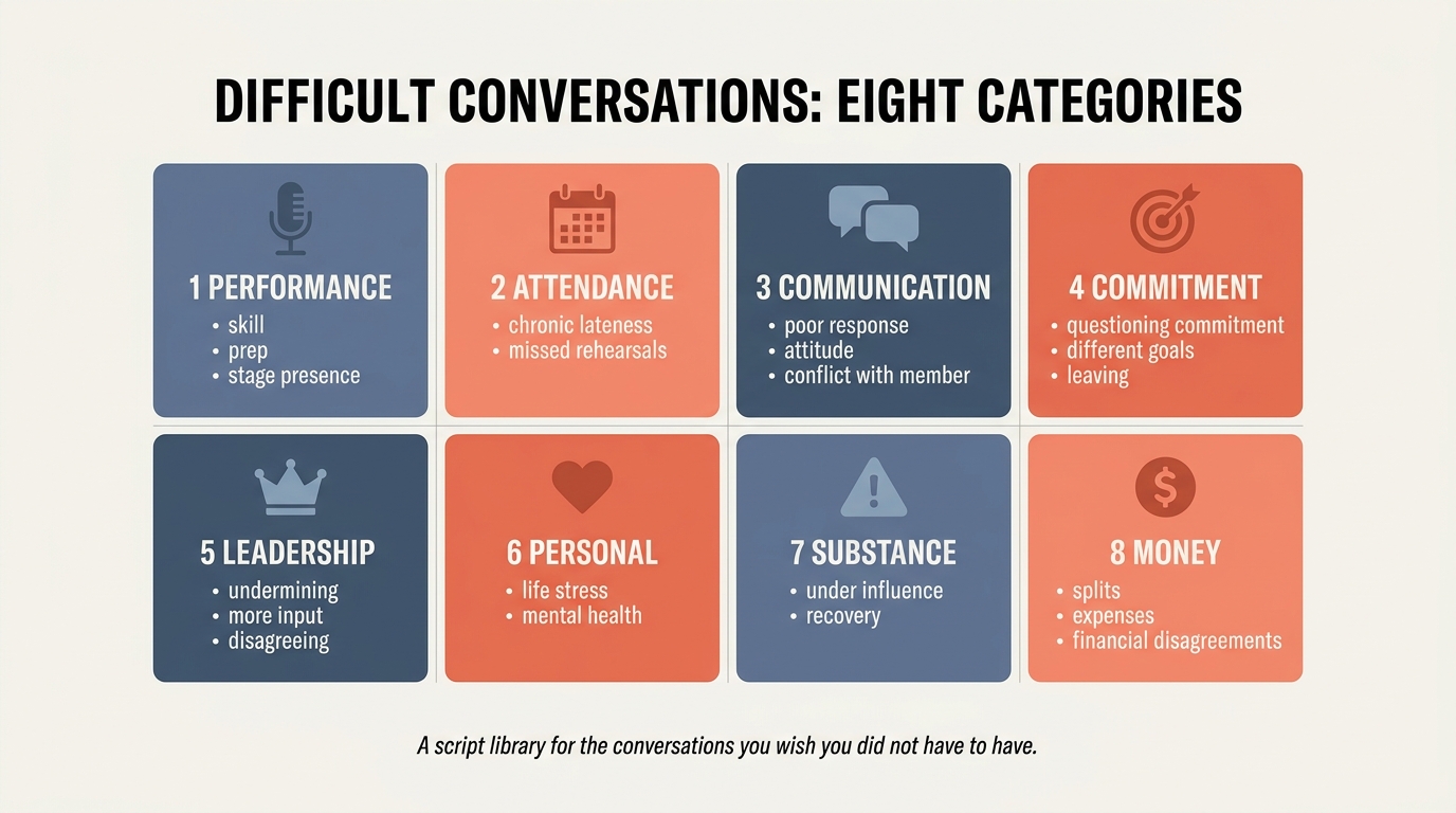Eight categories of difficult band conversations: performance, attendance, communication, commitment, leadership, personal, substance, money — a script library for the conversations you wish you didn't have to have