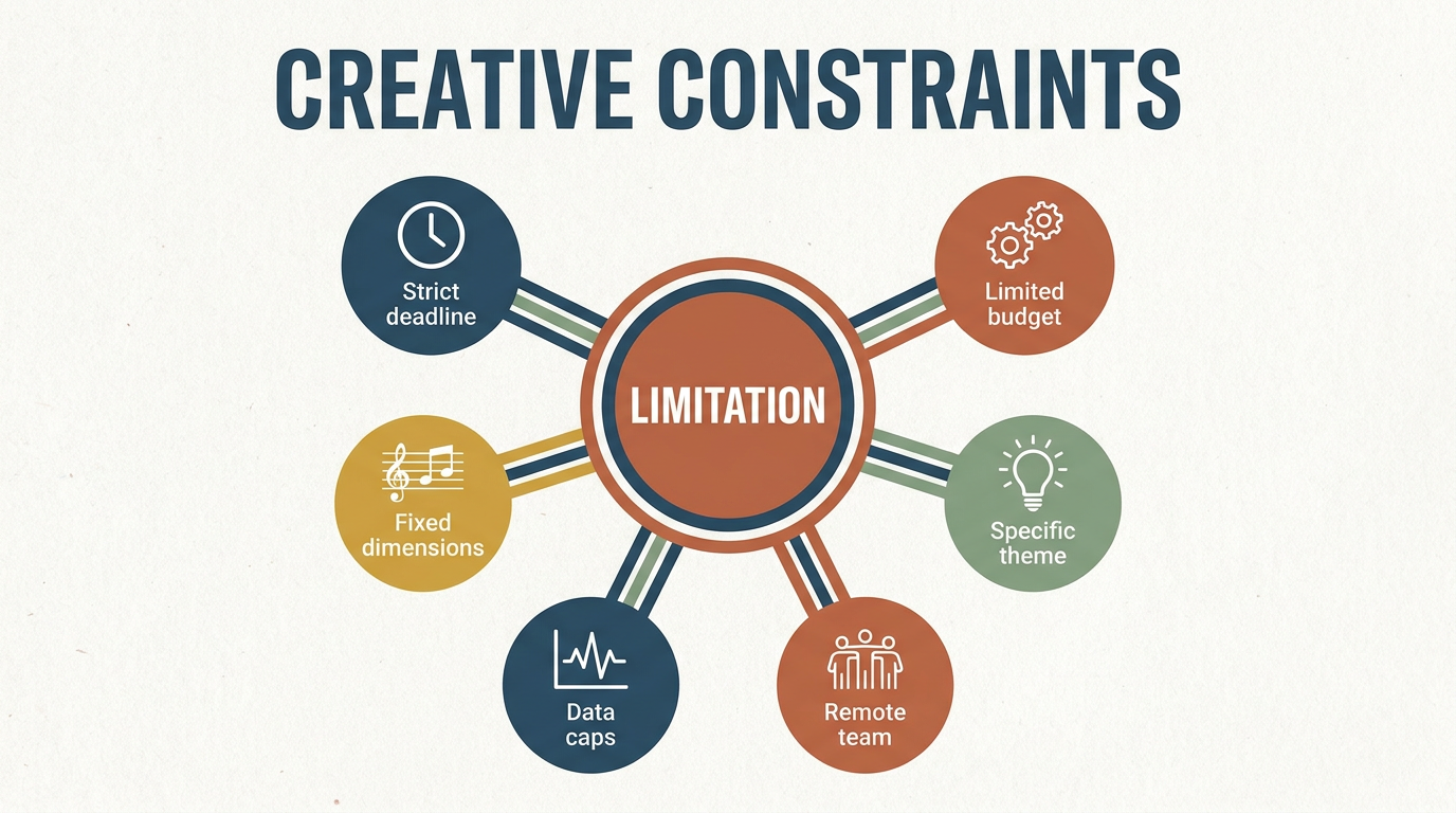 Creative constraints framework: six types of limitations — time, resource, format, conceptual, technical, collaboration — radiating from a central idea that limits drive innovation