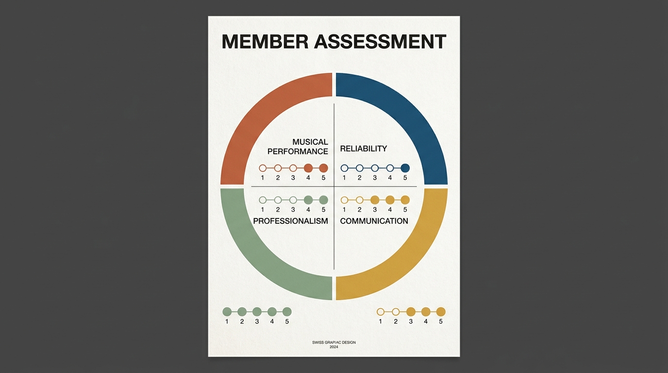 Member assessment framework: four performance dimensions (musical performance, reliability, communication, professionalism) scored on a 1-5 scale to evaluate keep-or-replace decisions