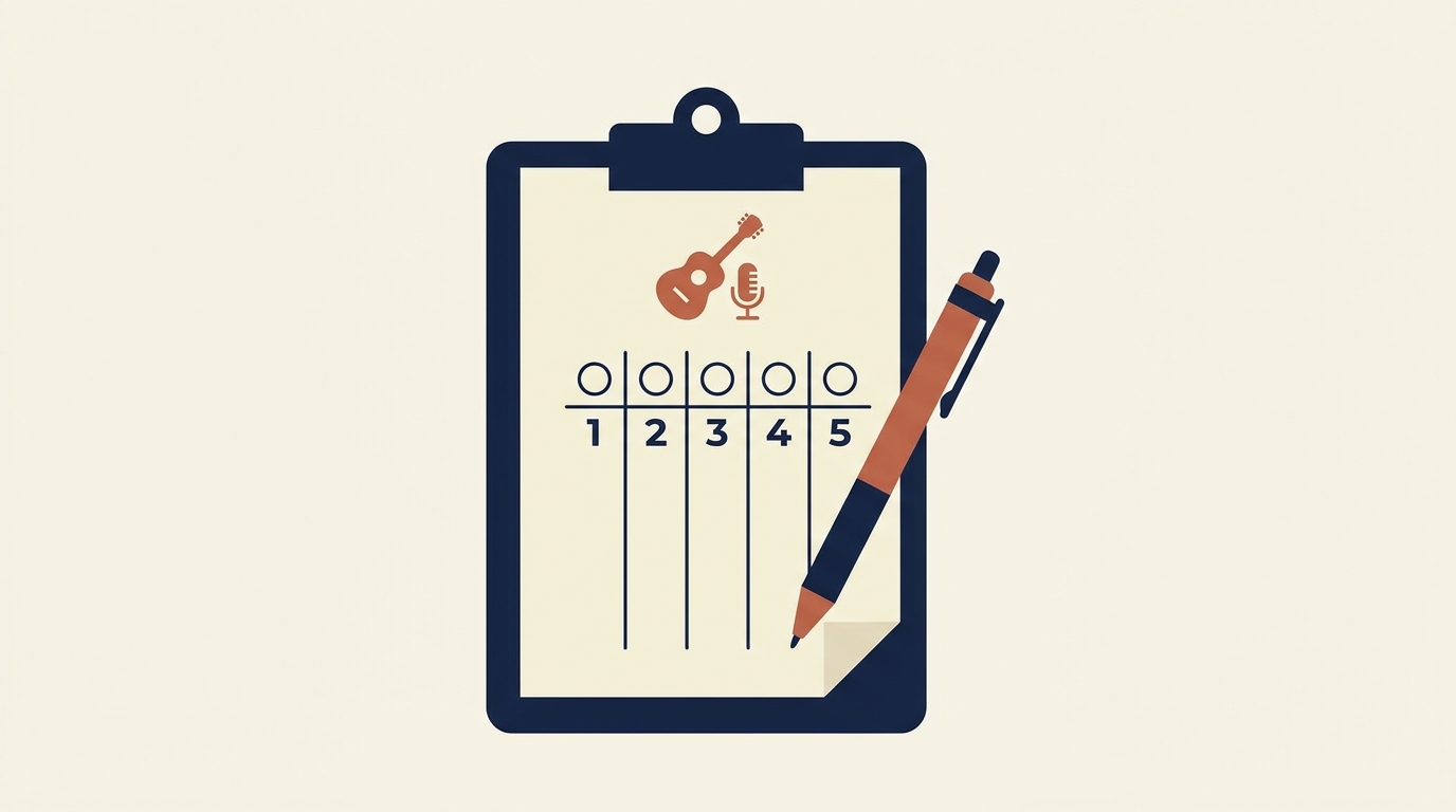 Scoring rubric with performance ratings from 1-5 across dimensions: shows how a single page of score cards captures the full picture for an objective decision