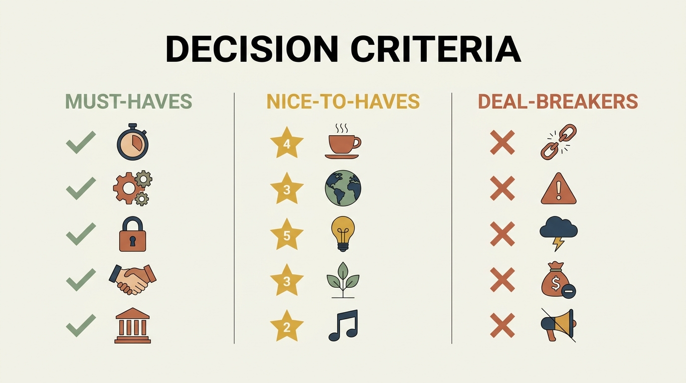 Decision criteria framework: three-column comparison of must-haves (non-negotiable), nice-to-haves (weighted preferences), and deal-breakers (automatic disqualifiers)