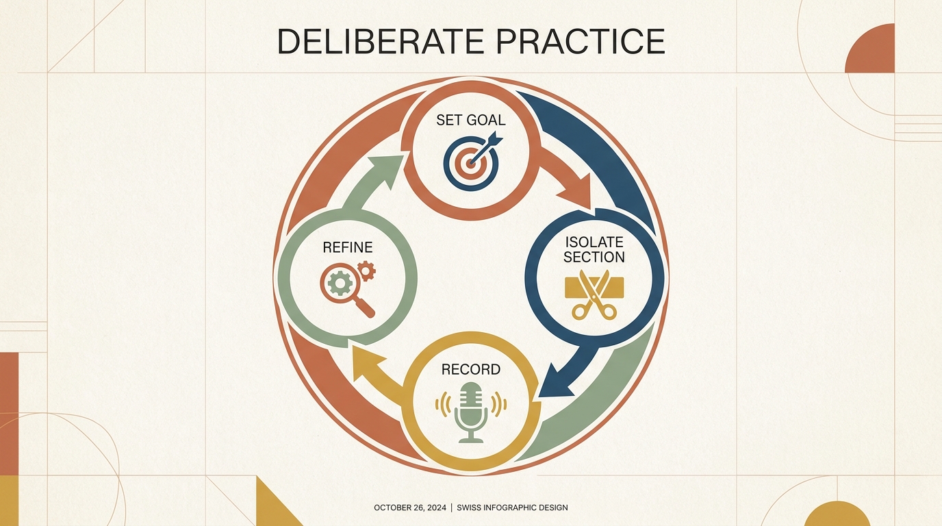 Deliberate practice cycle: four interconnected stages — set goal, isolate section, record, refine — forming a feedback loop that drives rapid improvement