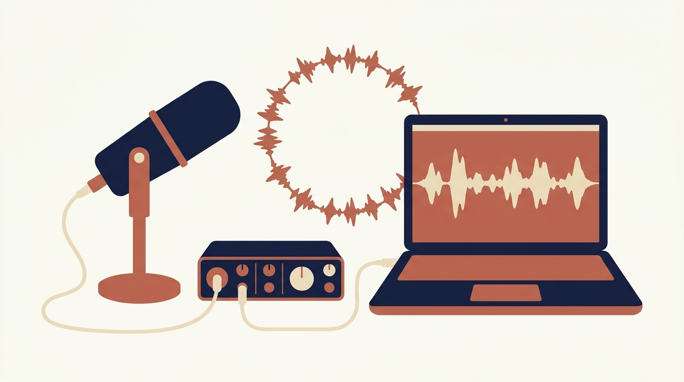 Recording and review: a small home studio setup with microphone, interface, and laptop showing a waveform — symbolizes the feedback loop that turns raw rehearsal into measured improvement