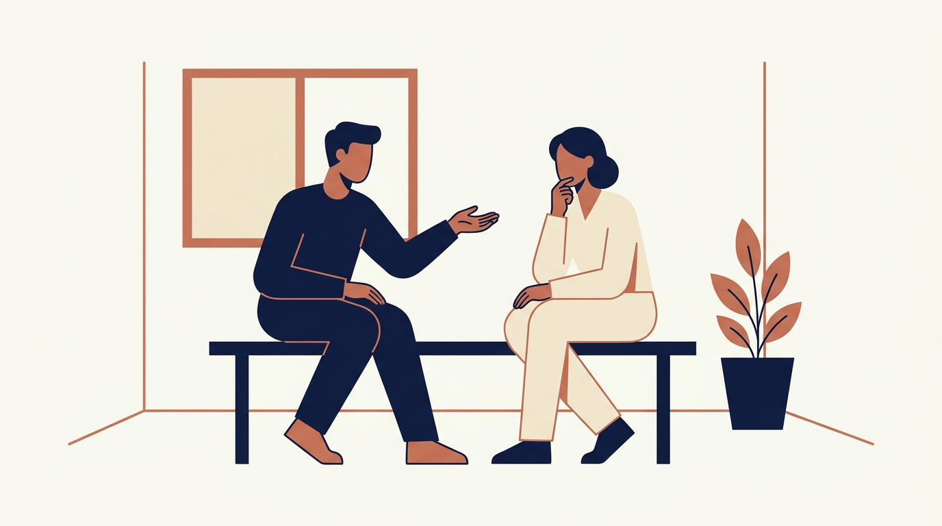 Two figures on a quiet bench: one leaning forward with an open hand, the other listening — visualizes a caring intervention conversation, not a confrontation