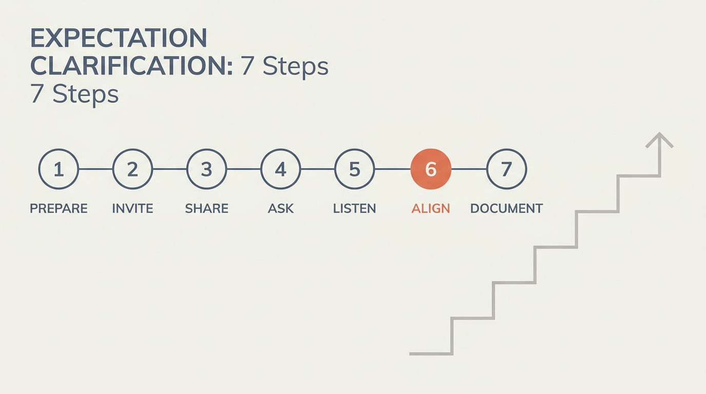 Expectation Clarification process: 7 sequential steps from Prepare to Document, with ascending clarity staircase