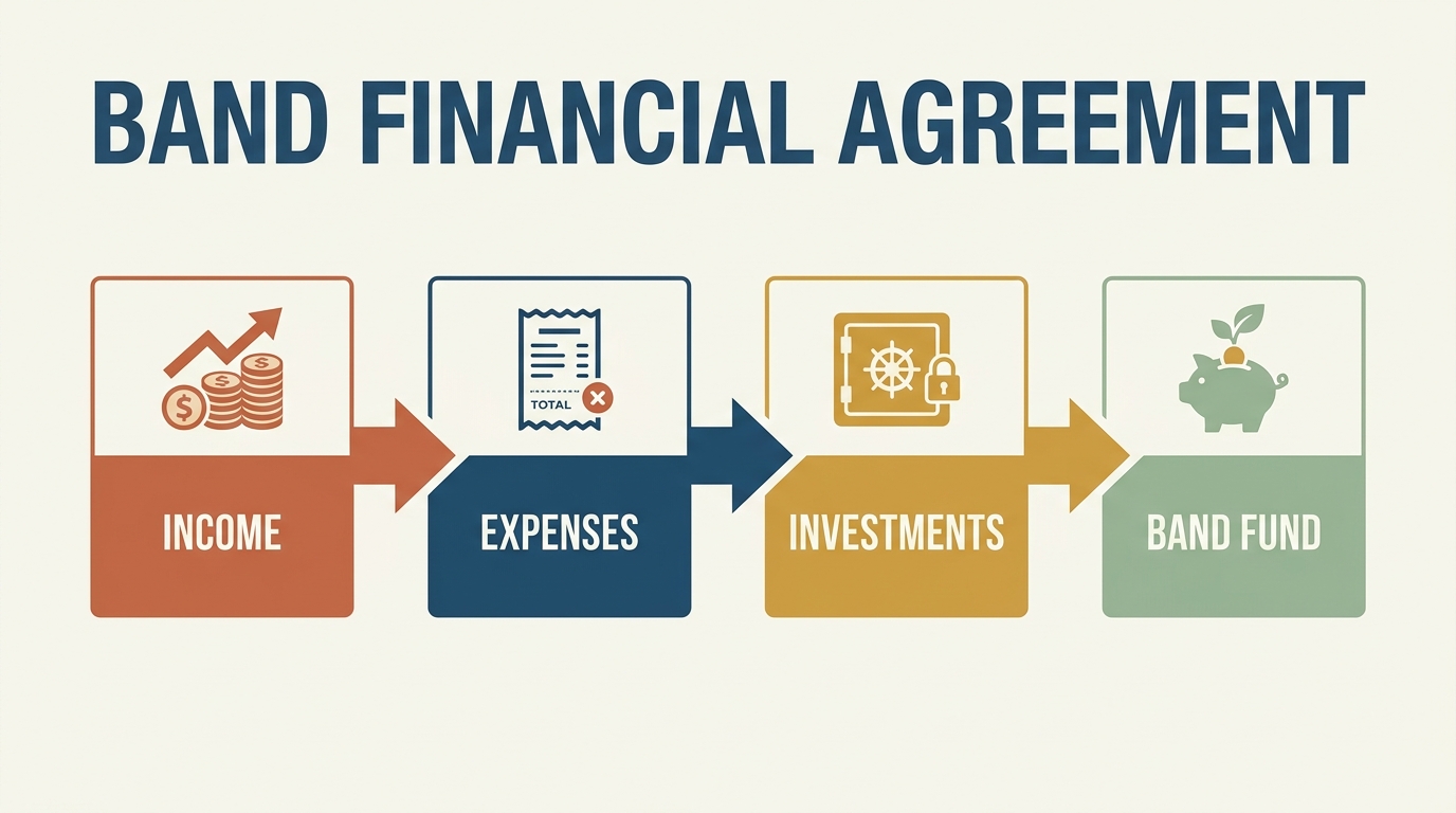 Band financial agreement flow: four connected stages — income distribution, shared expenses, major investments, band fund — the complete money-handling system for a band