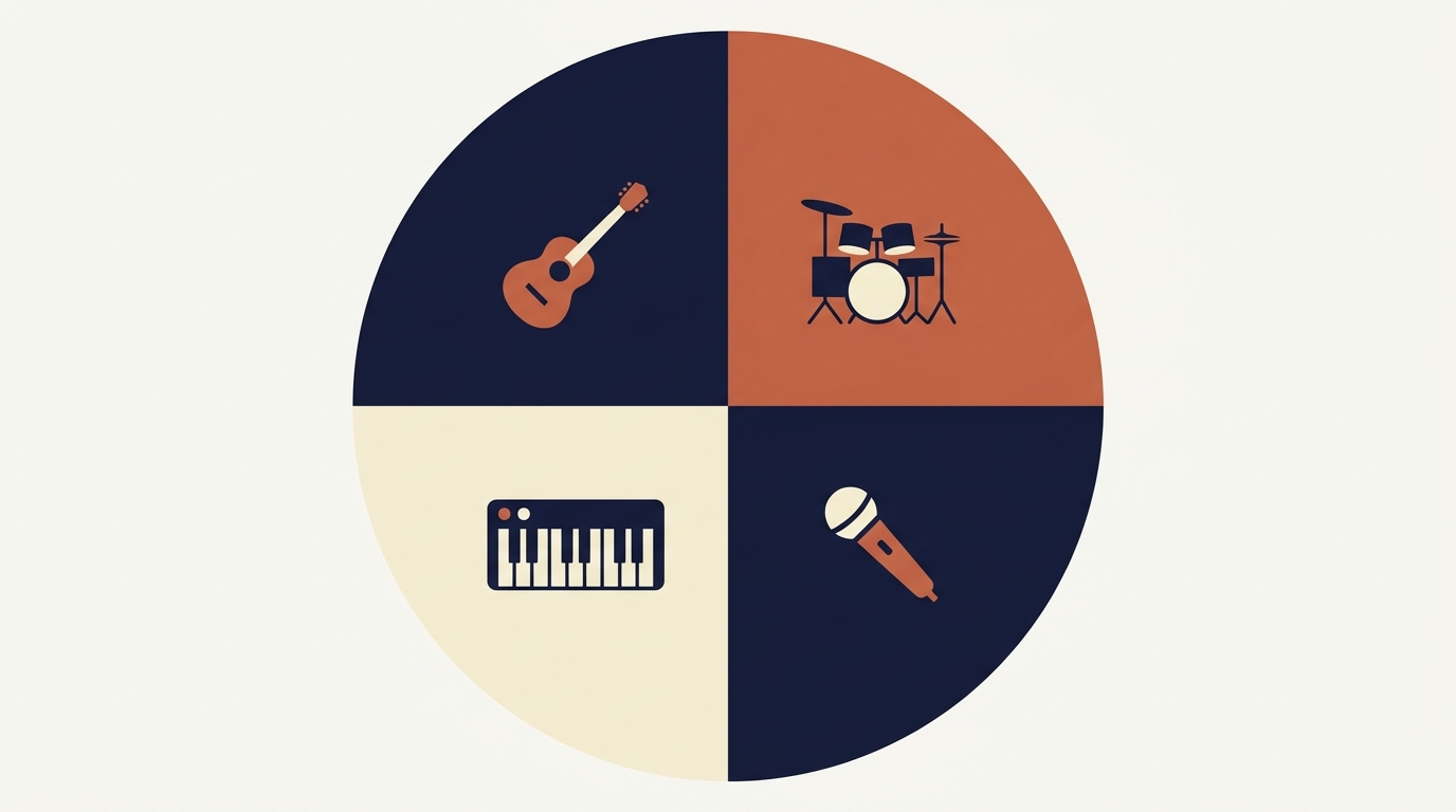 Pie chart split four ways: visualizes how an agreed income split (here, equal four-way) is the simplest, fairest foundation for a band's money system