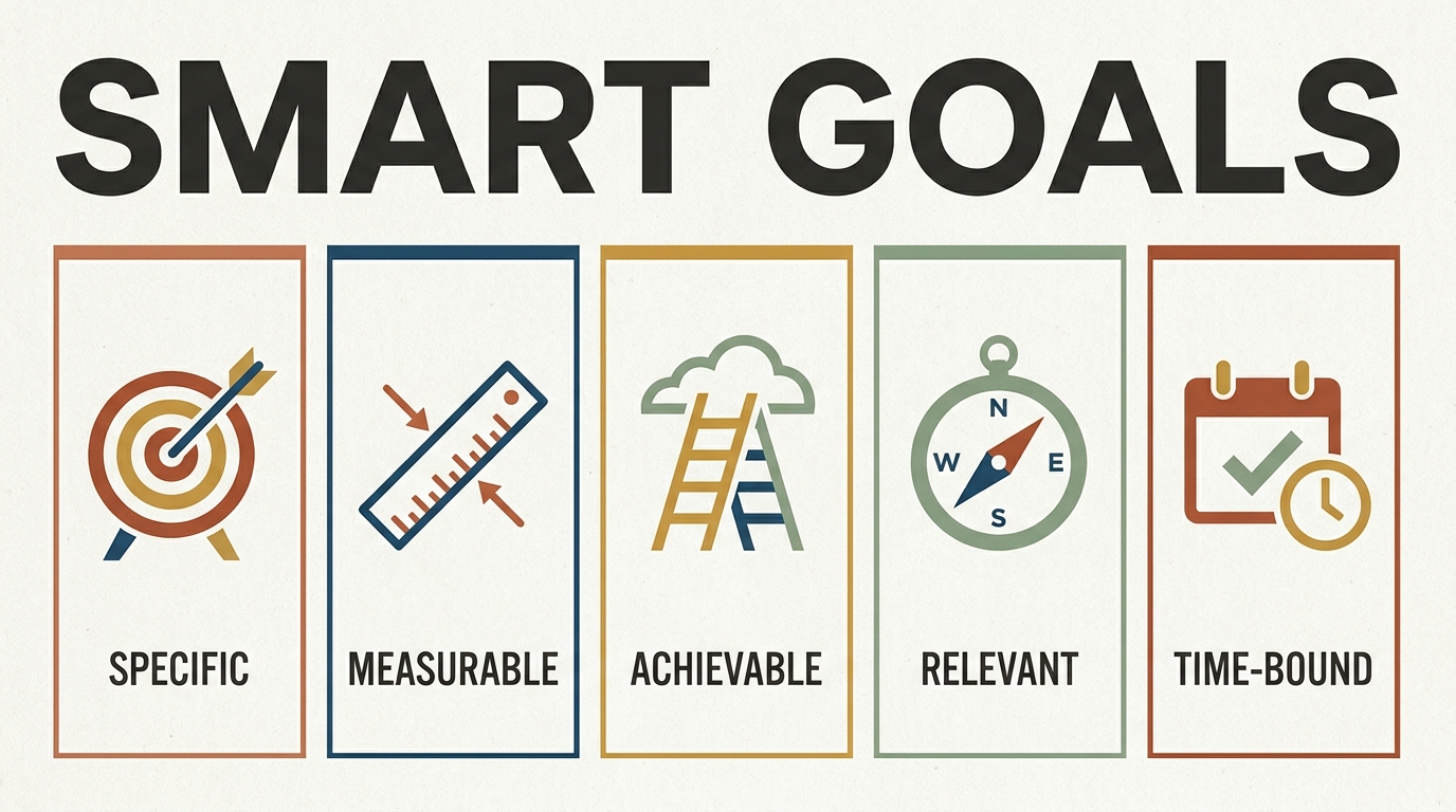 SMART goal framework: five vertical columns — Specific (target), Measurable (ruler), Achievable (ladder), Relevant (compass), Time-bound (calendar) — the criteria that turn vague ambitions into actionable goals