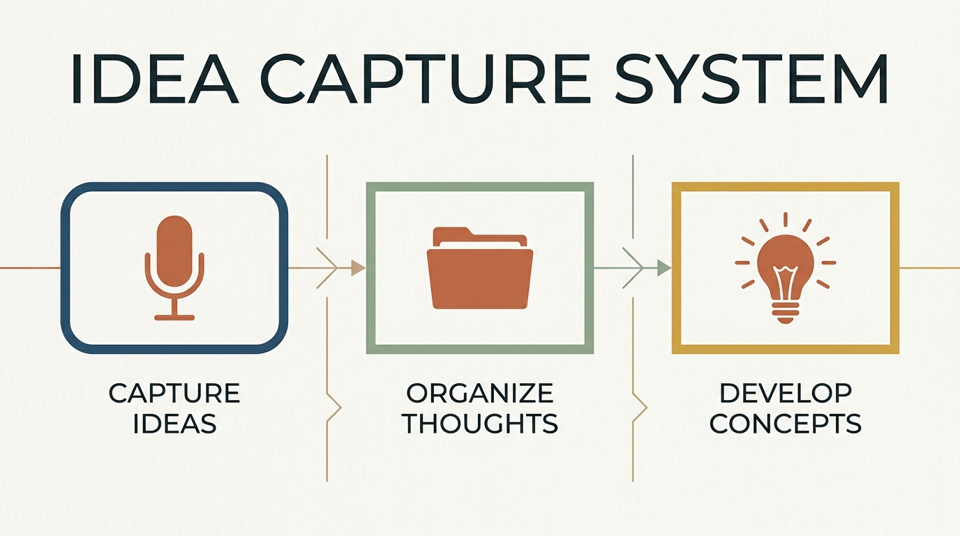 Idea capture pipeline: three-stage horizontal flow — capture (microphone), organize (folder), develop (lightbulb) — the complete system for turning fleeting song ideas into finished songs