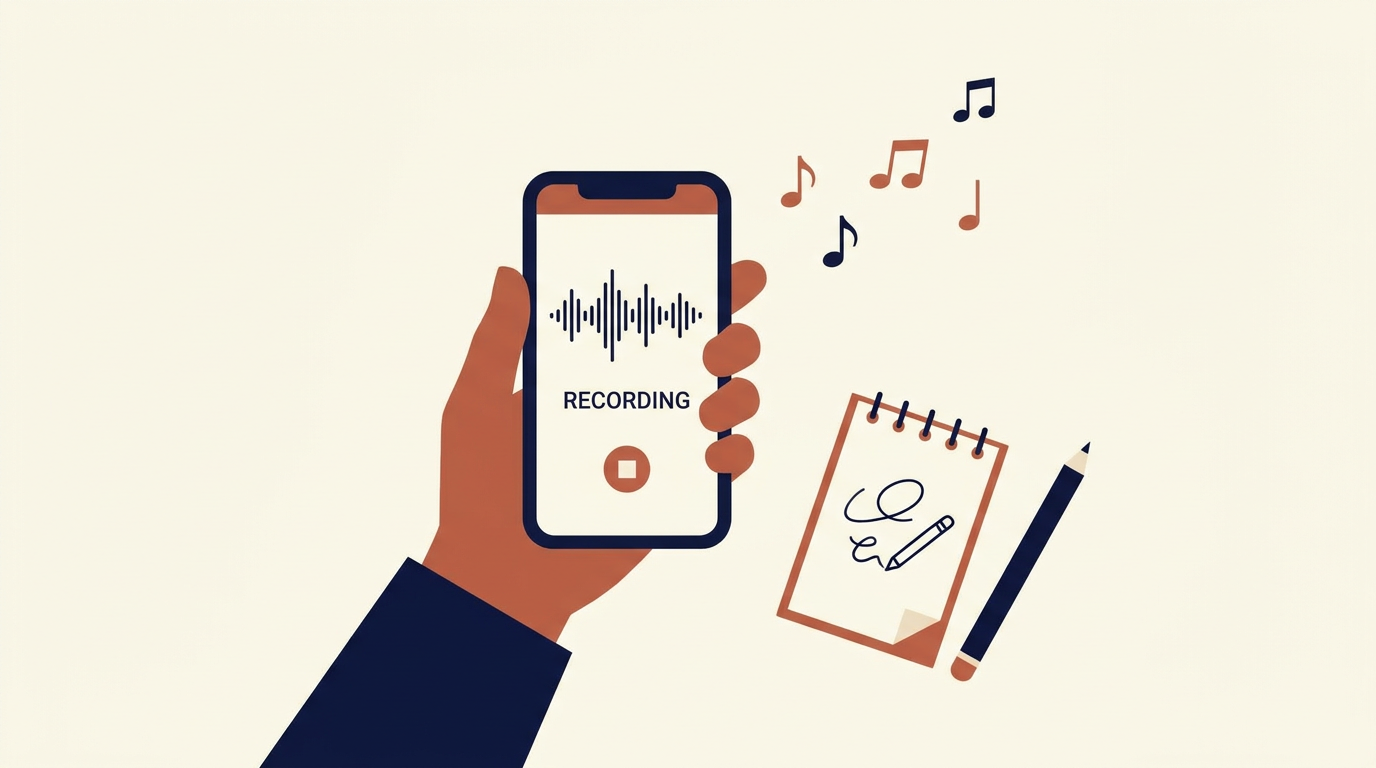 Hand holding a phone recording a voice memo with musical notes floating out: visualizes the in-the-moment act of capturing a song idea before it disappears