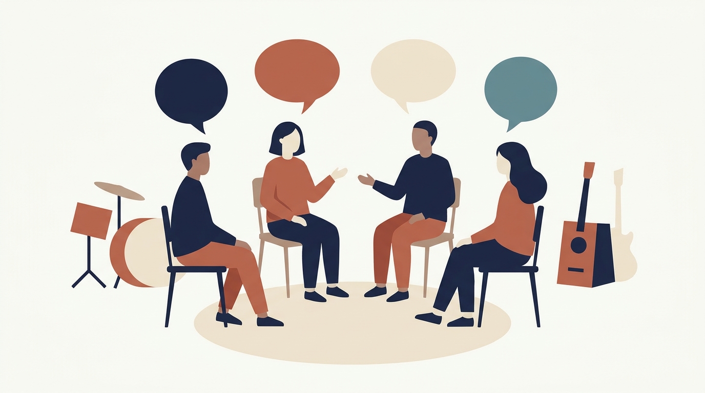 Four band members sitting in a circle each with a colored speech bubble above their head: visualizes the act of gathering multiple perspectives in a single conversation