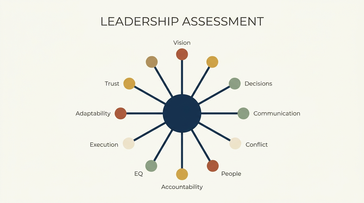 Leadership assessment framework: ten dimensions radiating from a central compass — Vision, Decisions, Communication, Conflict, People, Accountability, EQ, Execution, Adaptability, Trust