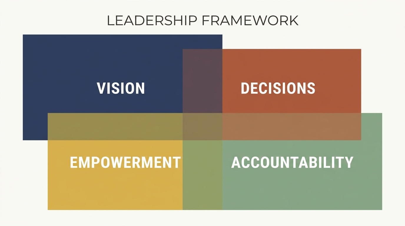 Leadership framework: four interlocking responsibilities — Vision, Decisions, Empowerment, Accountability — forming a 2x2 grid in muted earth tones