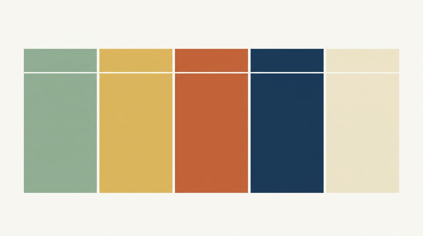Time-boxed agenda template: five rectangular blocks of varying widths and warm earth tones arranged in a row, illustrating how meeting time is divided and weighted by section