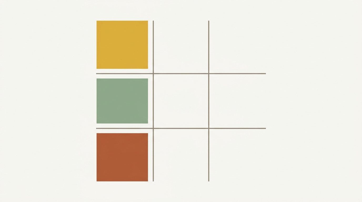 Action-items tracker: a 3-row by 3-column grid with three small filled squares stacked in the first column to track outstanding items, with most cells empty to be filled in during the meeting