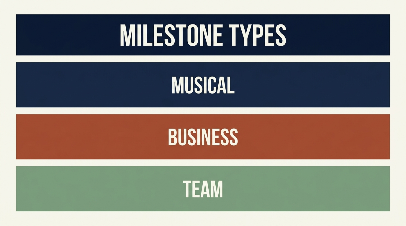 Three categories of band milestones — musical, business, and team — shown as stacked horizontal bands in deep navy, burnt sienna, and sage earth tones