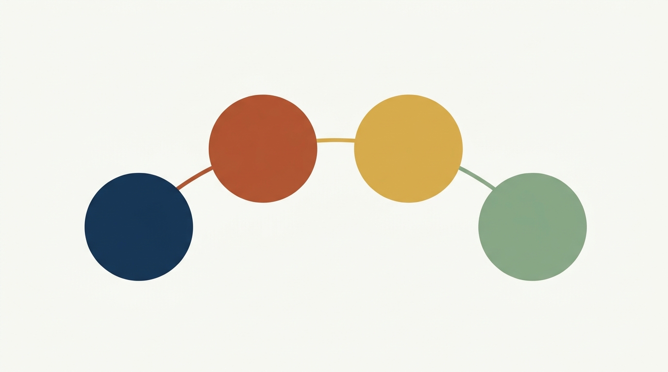 Band as a connected group: four same-sized circles in deep navy, burnt sienna, mustard, and sage arranged in a row and connected pairwise by thin lines, representing the members being celebrated together