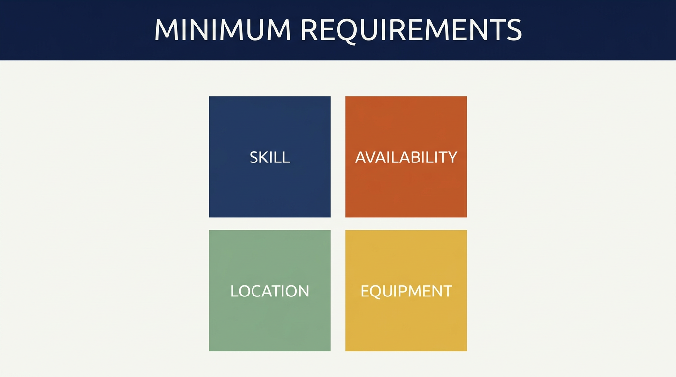 Four categories of minimum requirements — Skill, Availability, Location, Equipment — arranged in a 2x2 grid in muted earth tones