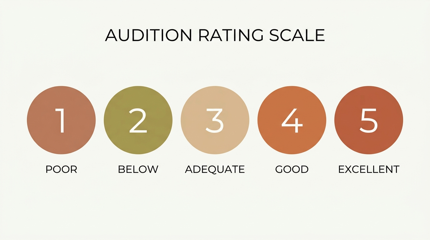 Audition rating scale: five numbered circles in a horizontal row colored from cool to warm earth tones — 1 Poor, 2 Below, 3 Adequate, 4 Good, 5 Excellent — used to score each candidate uniformly