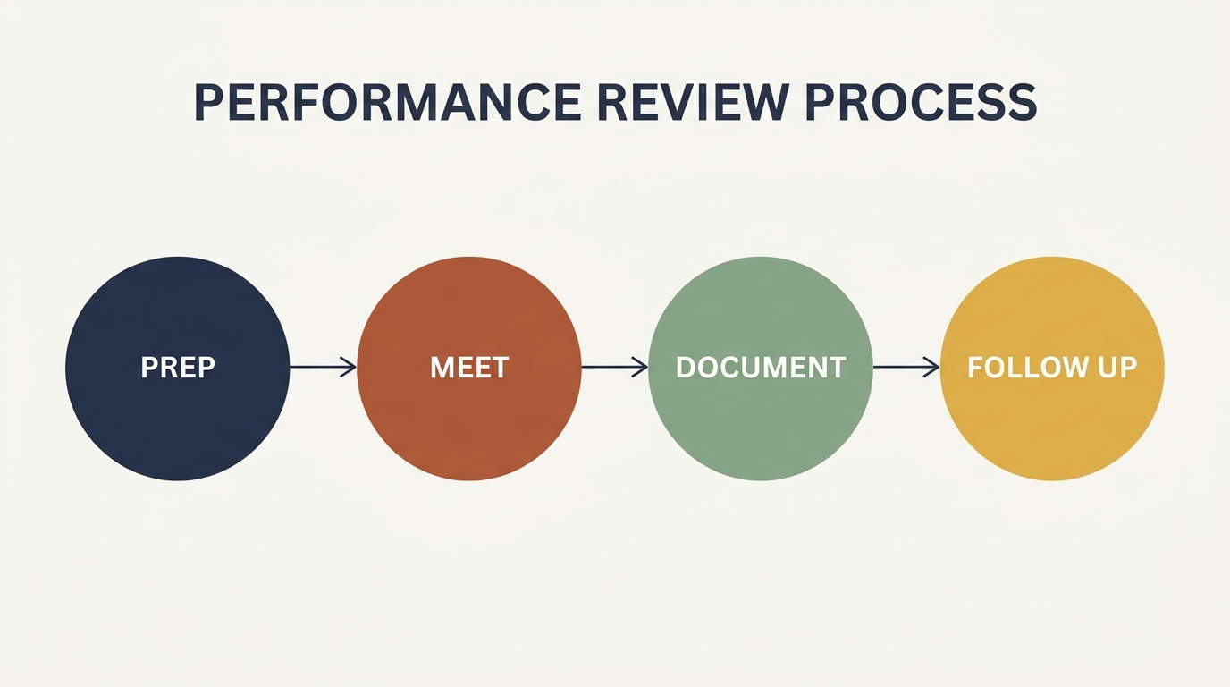 Performance review process: four connected rounded circles labeled Prep, Meet, Document, Follow Up, linked by thin arrows in muted earth tones