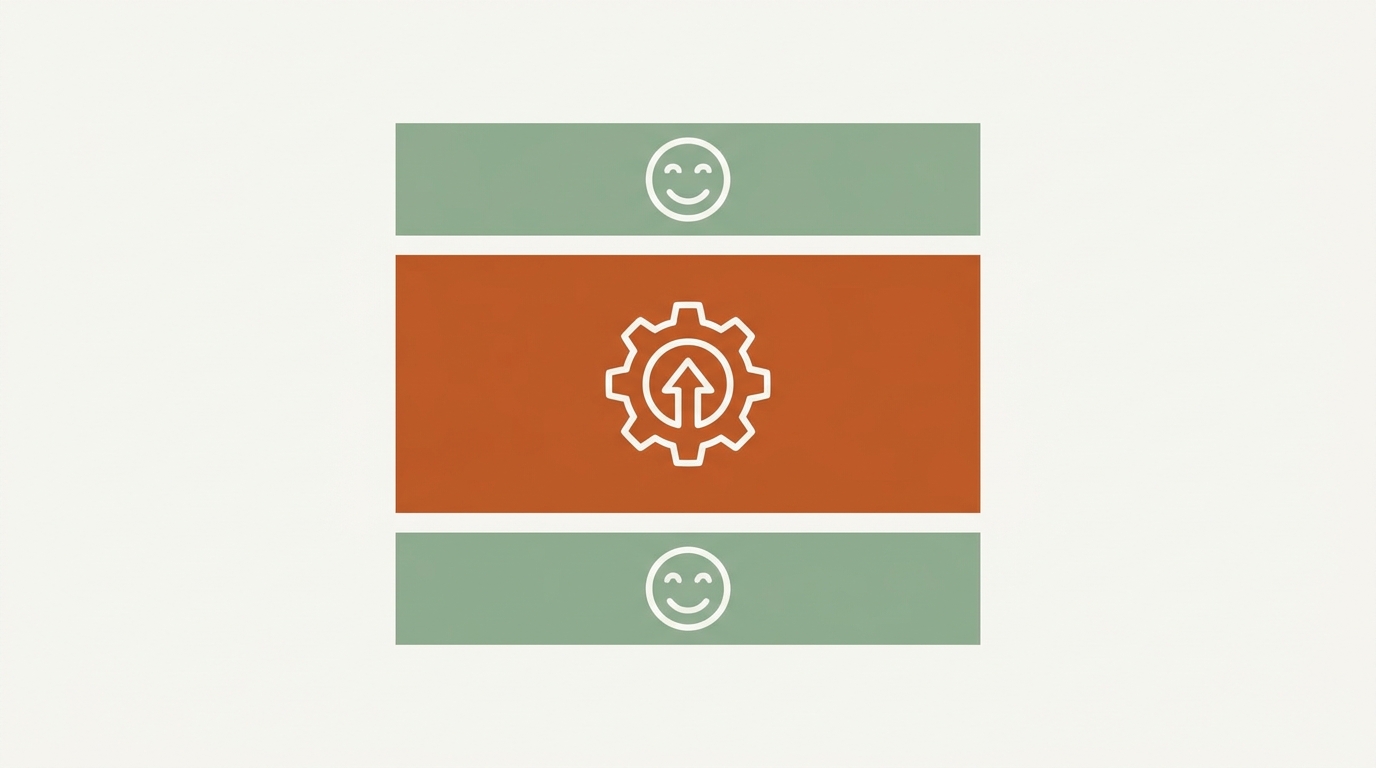 Feedback sandwich: three stacked horizontal stripes — thin sage on top, thicker burnt-sienna in middle, thin sage on bottom — illustrating constructive feedback framed by two layers of positive recognition