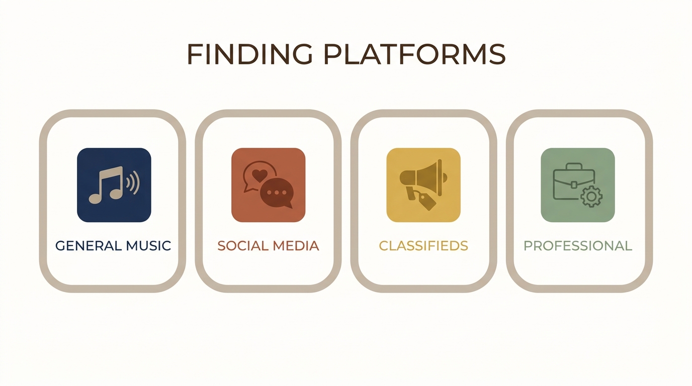 Four platform categories for finding bandmates: General Music, Social Media, Classifieds, Professional — shown as four colored rounded squares in muted earth tones