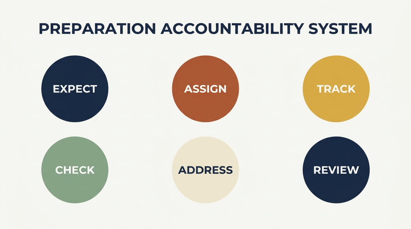 Preparation accountability system: a 2x3 grid of six small colored circles labeled Expect, Assign, Track, Check, Address, Review in muted earth tones