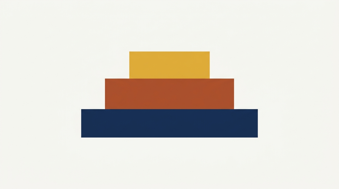 Escalation tiers: three vertical step-blocks stacked from large at base to small at top in graduated earth tones — wide deep-navy base, medium burnt-sienna middle, narrow mustard top — representing escalating response from gentle reminder to formal consequence