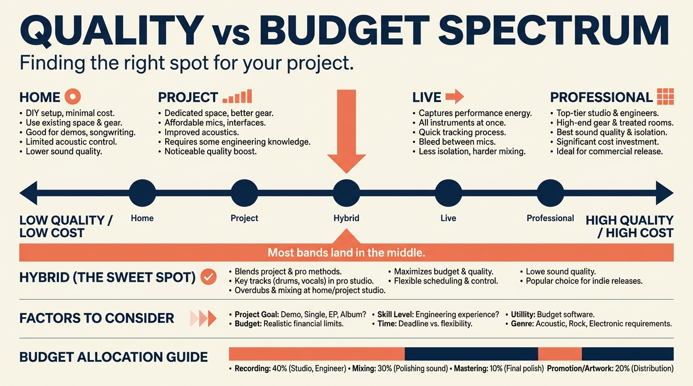 Cost and timeline breakdown for each recording option, from a five hundred dollar home demo up to a fifty thousand dollar professional album with multi-week tracking