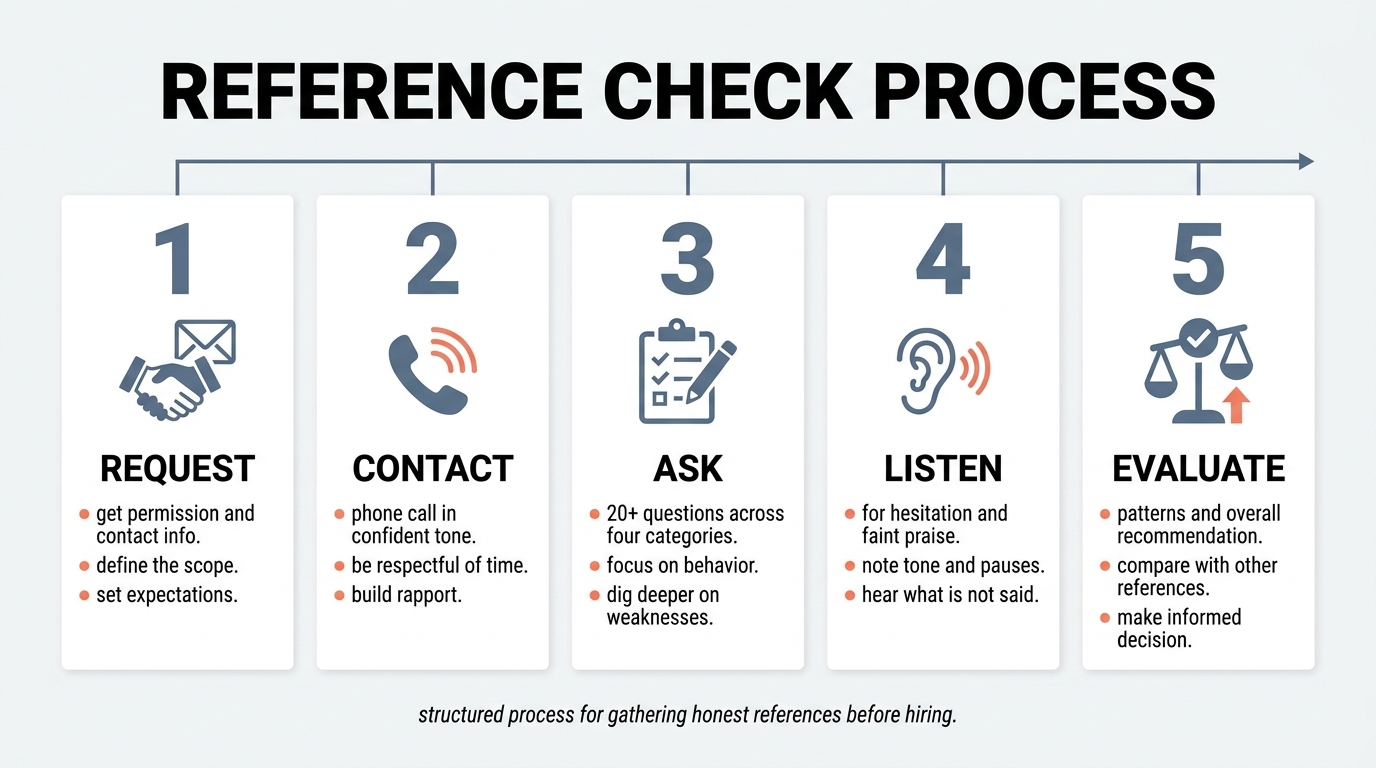 Five-step reference check process shown as a horizontal pipeline: request references, contact by phone, ask structured questions, listen for hesitation, then evaluate patterns across them