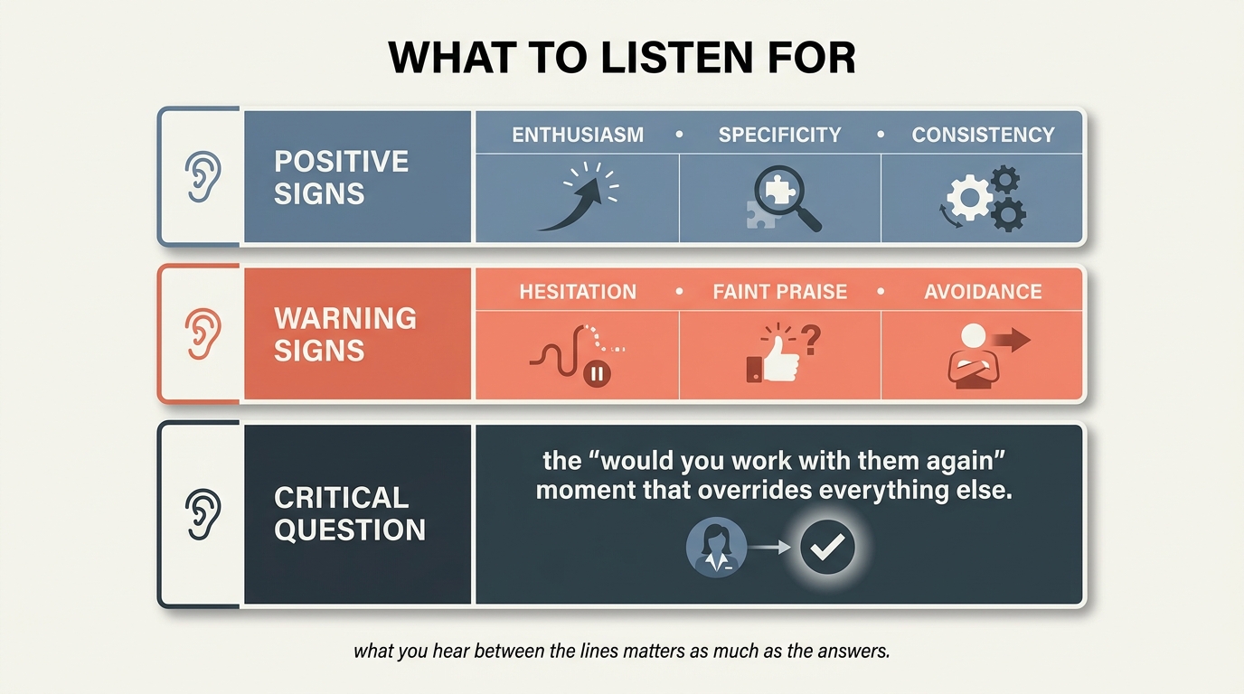 Three paired cards showing positive signs versus warning signs during a reference call: enthusiasm versus hesitation, specificity versus vagueness, consistency versus contradictions