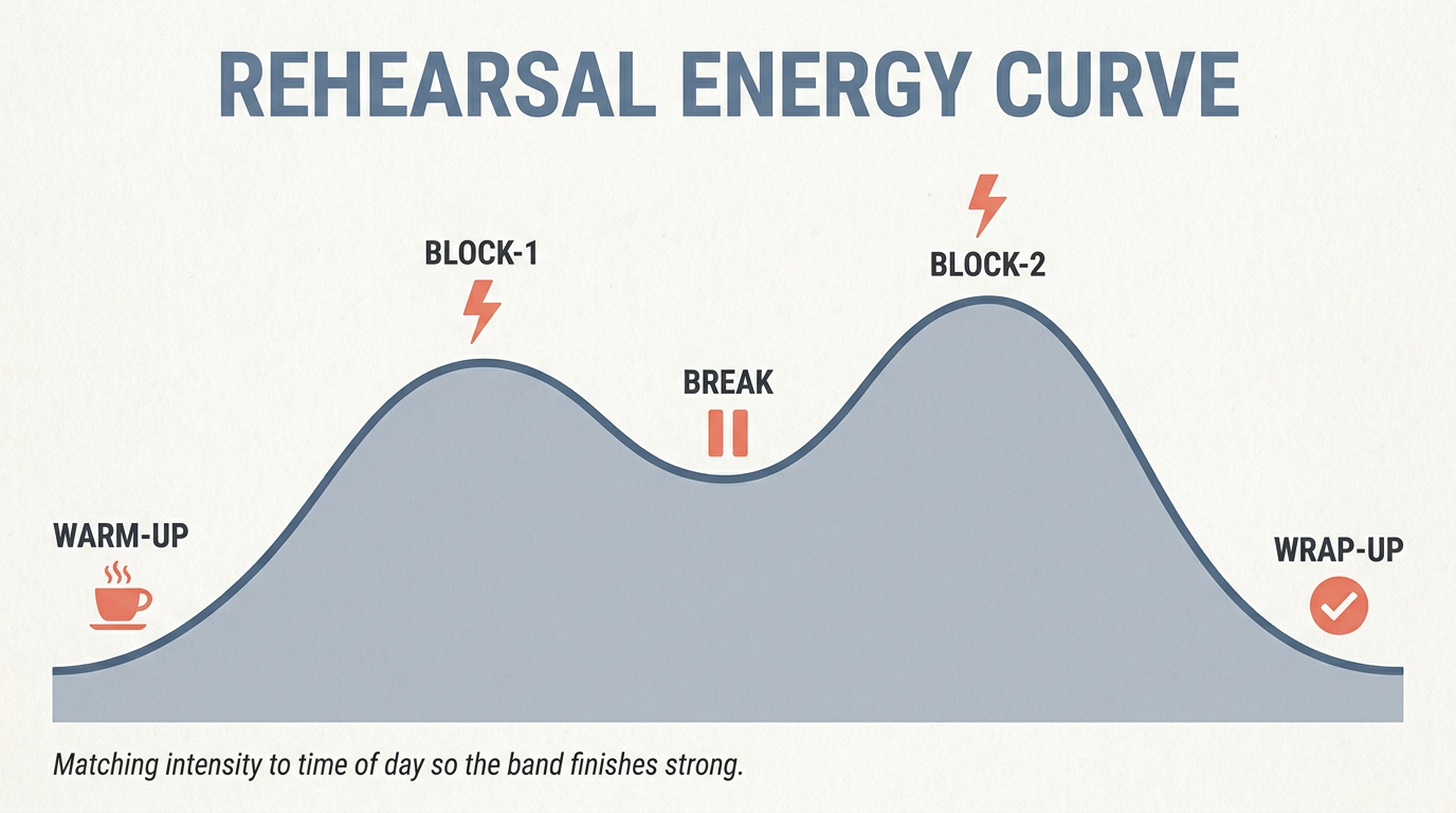 Rehearsal energy curve shaped like a wave that rises through the warm-up, peaks during deep work blocks, dips at the break, then tapers down through wrap-up, with four icons marking key moments