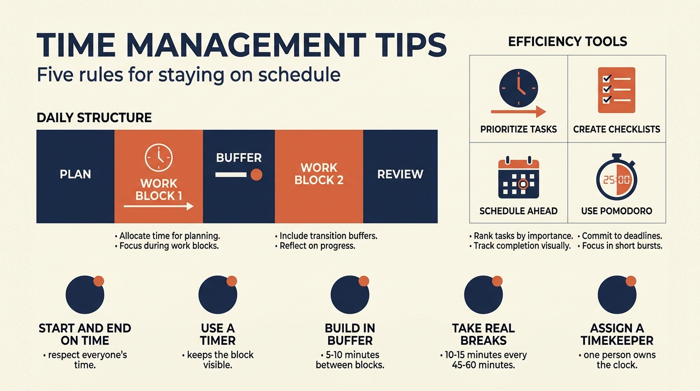 Three specialized rehearsal templates stacked: show-prep two and a half hours, new-material two hours, and maintenance two hours, each with its own time allocation and activity structure