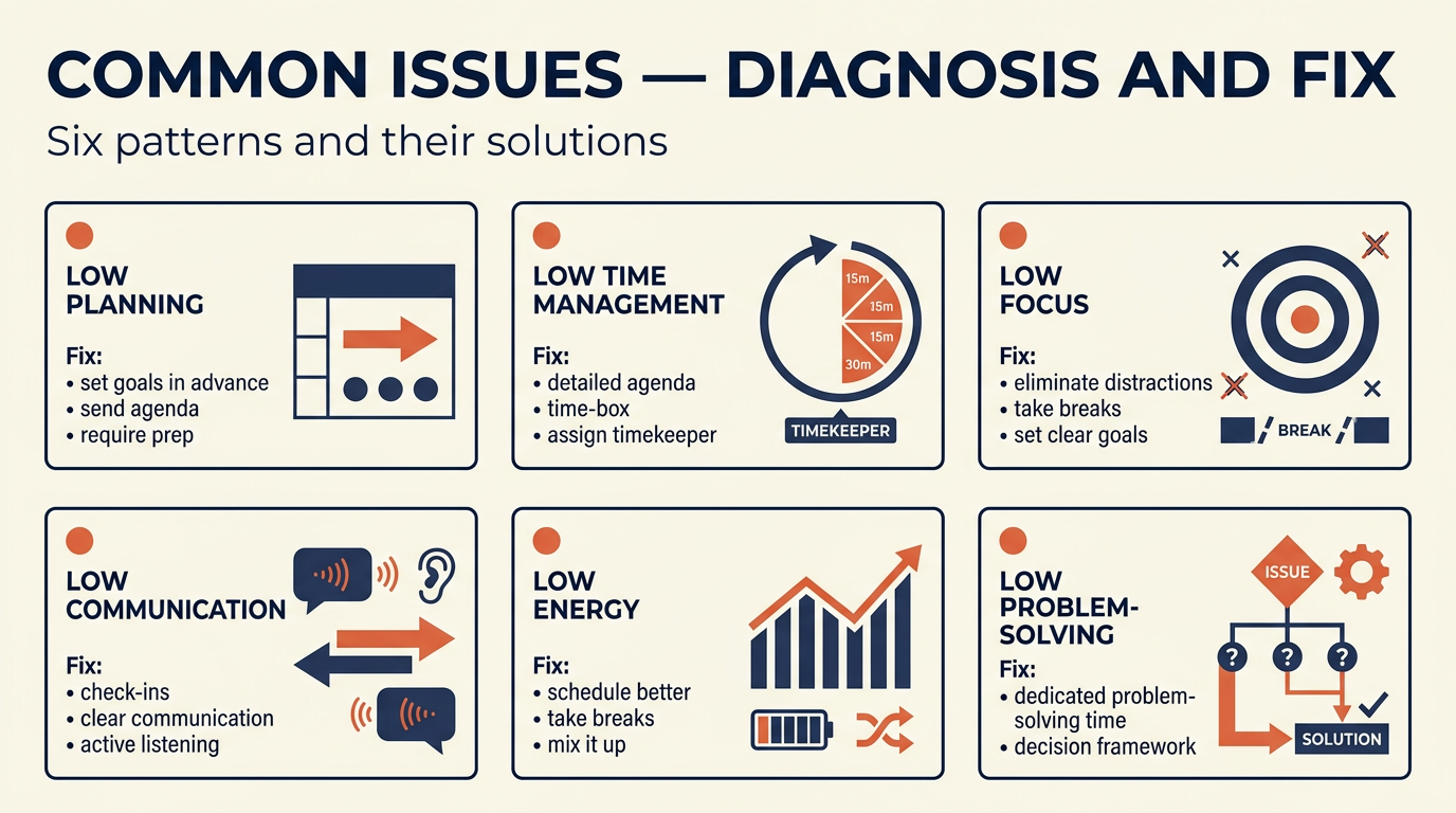 Common issues and solutions matrix pairing each low-scoring dimension like planning, time management, focus, communication, energy, and problem-solving with concrete fixes like sending agendas ahead or assigning a timekeeper