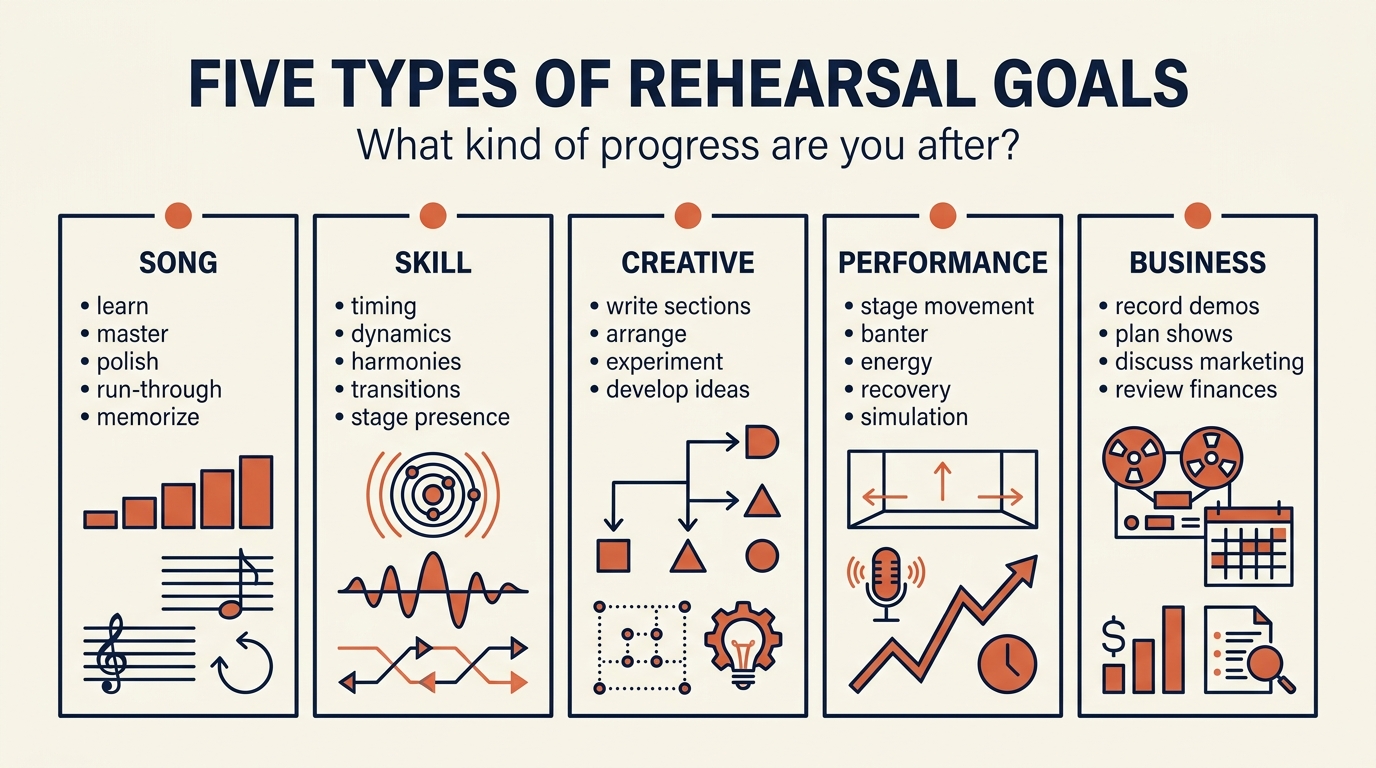 SMART goal framework showing the difference between a vague work on new song goal and a specific learn verse and chorus to seventy percent by end of rehearsal goal with measurable success criteria