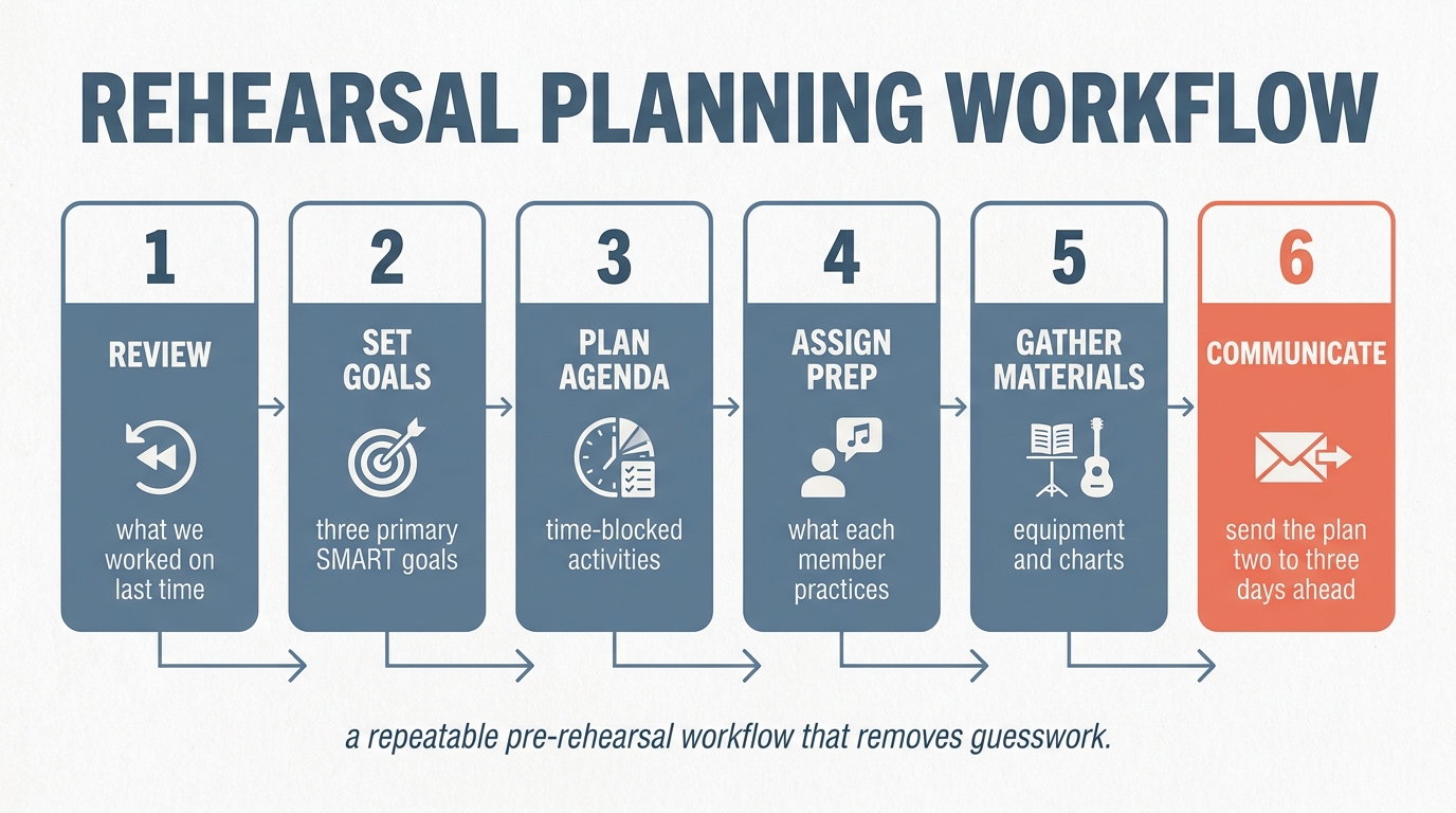 Six-step pre-rehearsal planning workflow running left to right: review last session, set goals, plan agenda, assign prep, gather materials, and communicate the plan to the band