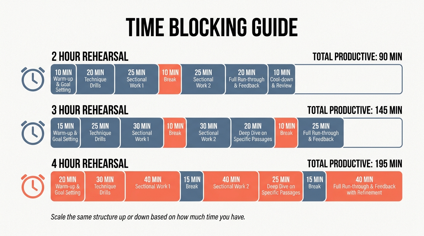 Time-blocking guide for two, three, and four hour rehearsals, each row showing the same structure scaled up with more productive minutes from ninety up to one hundred ninety-five