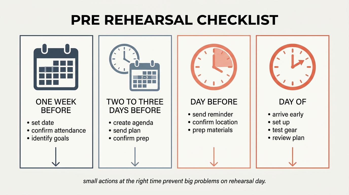 Pre-rehearsal checklist as a four-column countdown from one week before through two to three days before, the day before, and finally rehearsal day itself with the actions shrinking as the date approaches