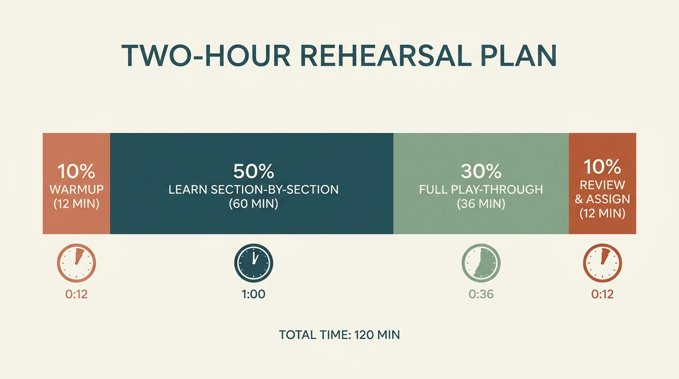 Horizontal time-block bar showing a 2-hour rehearsal split into 10% warmup, 50% learn section-by-section, 30% full play-through, 10% review.