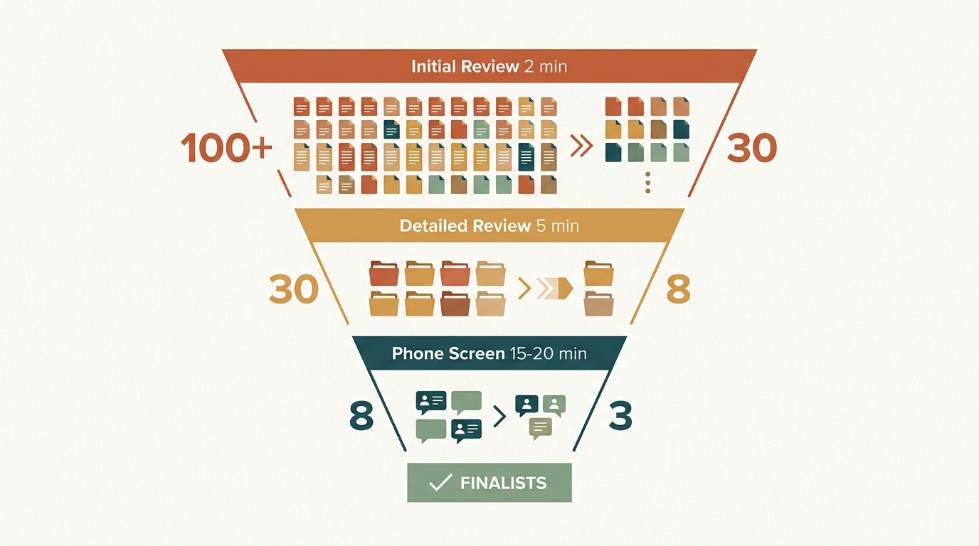 Three-stage screening funnel from Initial Review (2 min) to Detailed Review (5 min) to Phone Screen (15-20 min), narrowing to finalists.