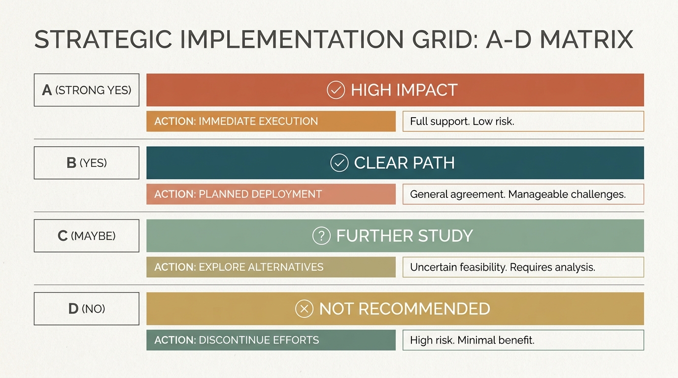 Four-row tiered comparison grid of response categories A (Strong Yes), B (Yes), C (Maybe), D (No) with one-line action tags.