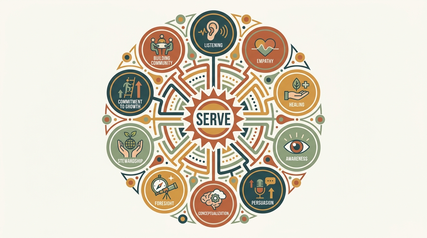 Mandala of ten servant leadership principles (Listening, Empathy, Healing, Awareness, Persuasion, Conceptualization, Foresight, Stewardship, Commitment to Growth, Building Community) arranged around a central SERVE hub.