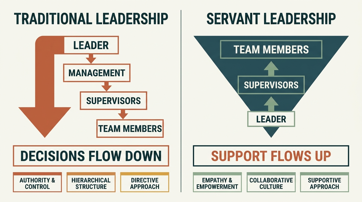 Side-by-side comparison of Traditional Leadership (top-down arrow) and Servant Leadership (inverted pyramid, support flows up).